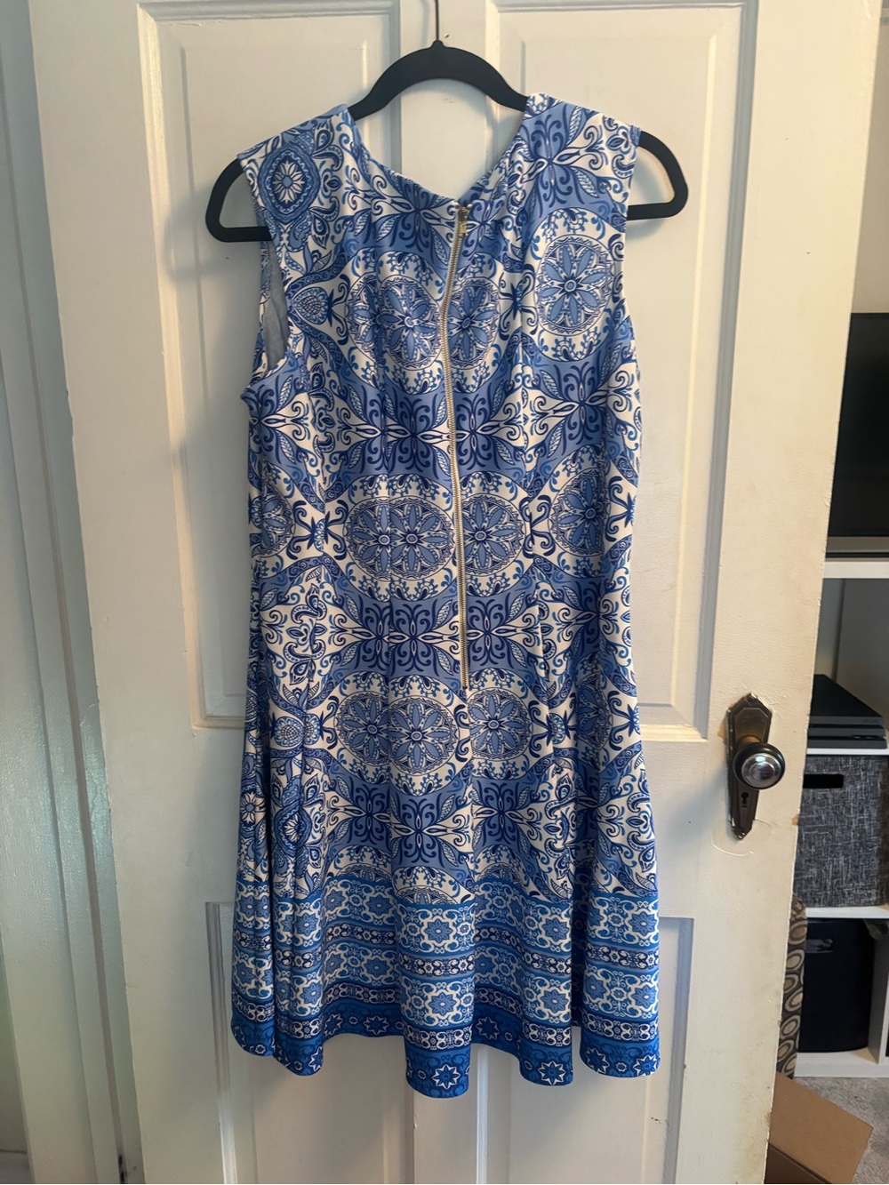 Blue and White Printed Sleeveless A-Line Dress